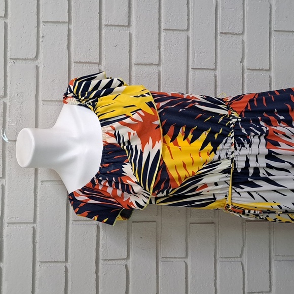 Mlle Gabrielle Multicolor Tropical Ruffle Off The Shoulder Maxi Dress. Size Lg - Picture 2 of 12